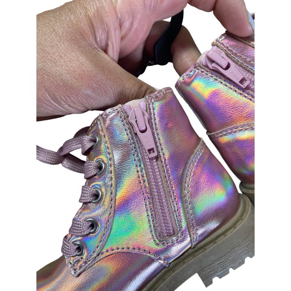 Old Navy Kids Pink Iridescent Holographic Lace Up Side Zip Combat Boots Size 6 - Picture 8 of 12